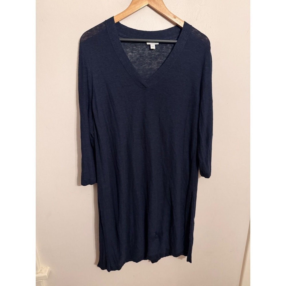 J. Jill Navy Blue Linen Blend V-Neck Long Tunic Sweater 3/4 Sleeve Large